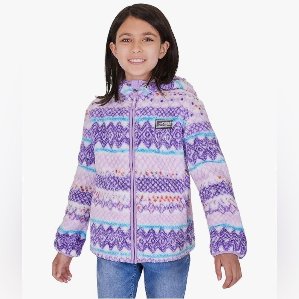 Eddie Bauer Kids Quest Plush Fleece Hooded Jacket purple geometric size XS